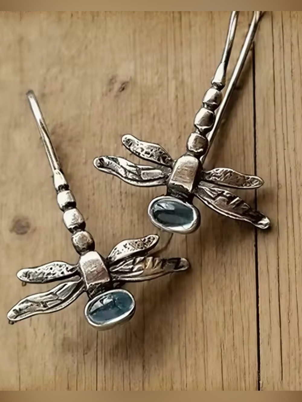 Vintage Dragonfly Dangle Earrings Blue Stone Antique Silver Tone Boho Jewelry